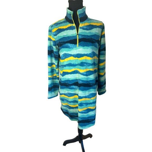 Lands End Womens Cozy Fleece Pullover Dress S/P Bright Stripe Pattern Travel - Picture 2 of 12